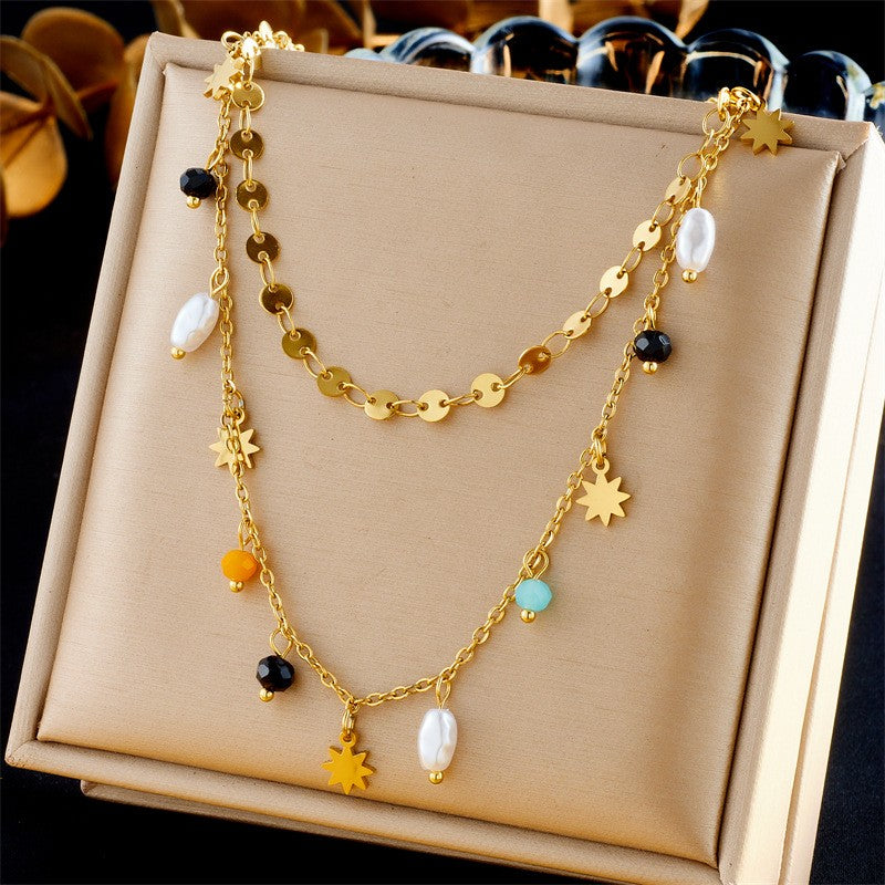 18K Gold Beaded Pearl Charm Necklace