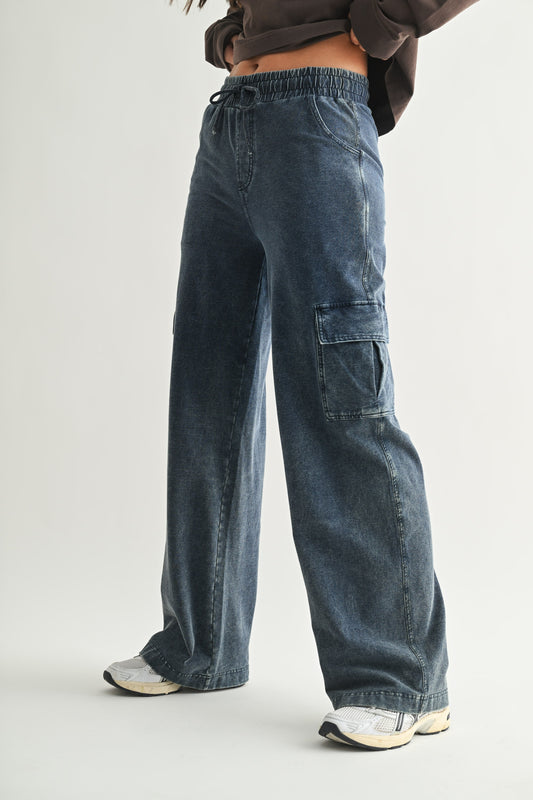 Mineral Wash Wide Leg Cotton Cargo Pants