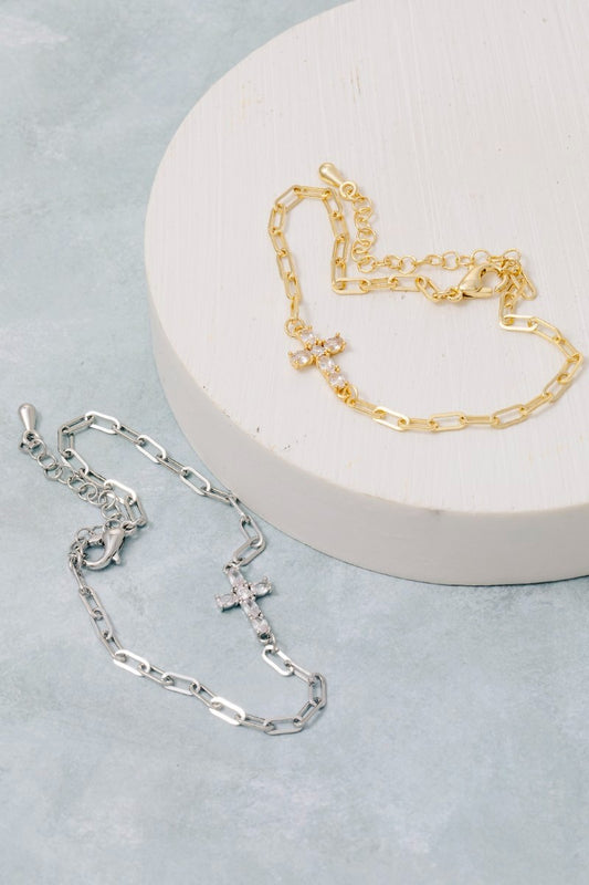 Gold Dipped Cz Cross Dainty Chain Bracelet