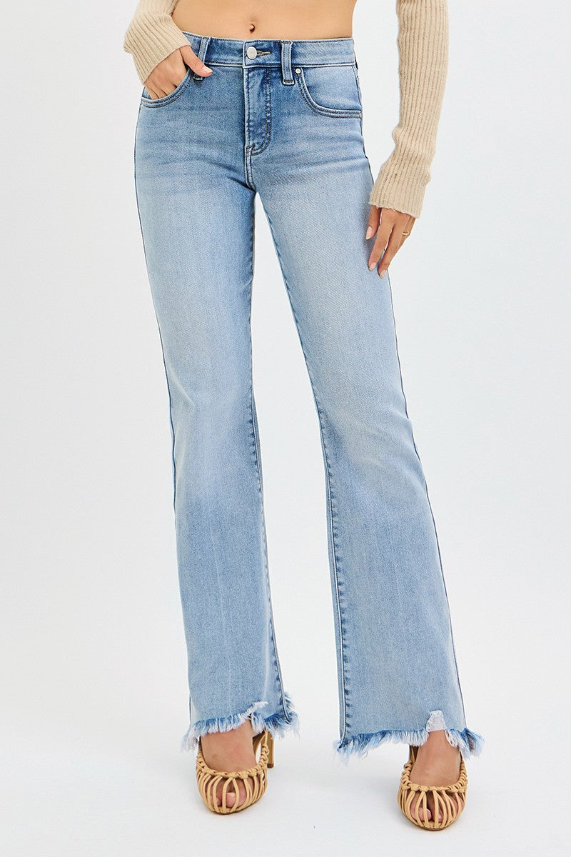Risen Jeans Tummy Control Flare Fray Hem Jeans