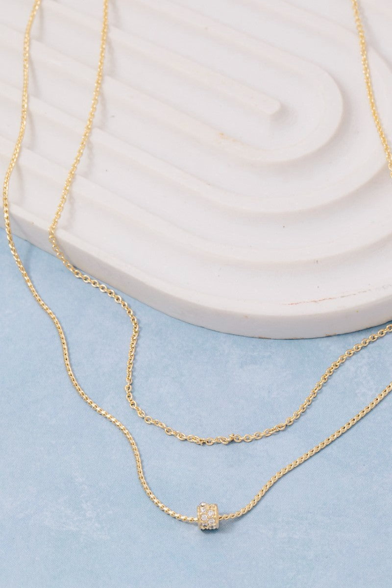 Layered Chain Pave Cylinder Pendant Necklace