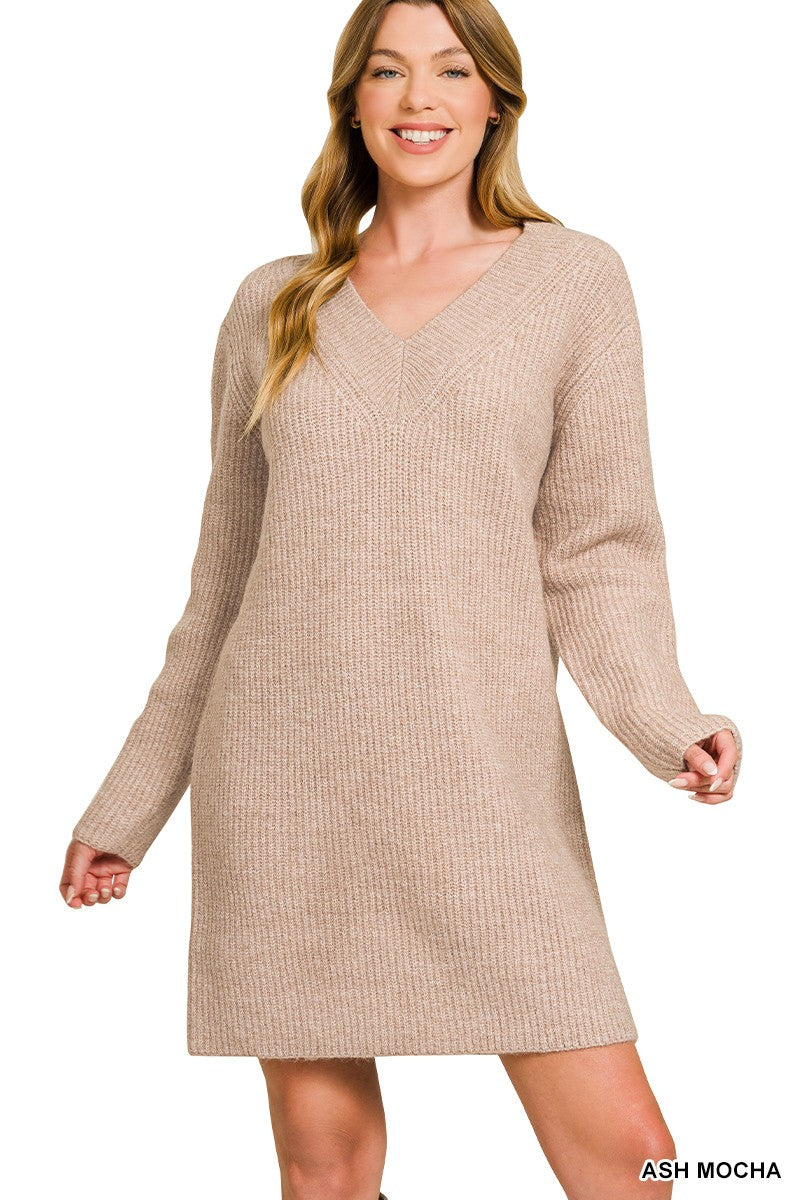 V Neck Sweater Dress-3 Colors!