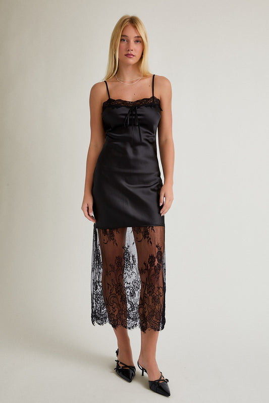 Satin Maxi Dress With Lace Contrast