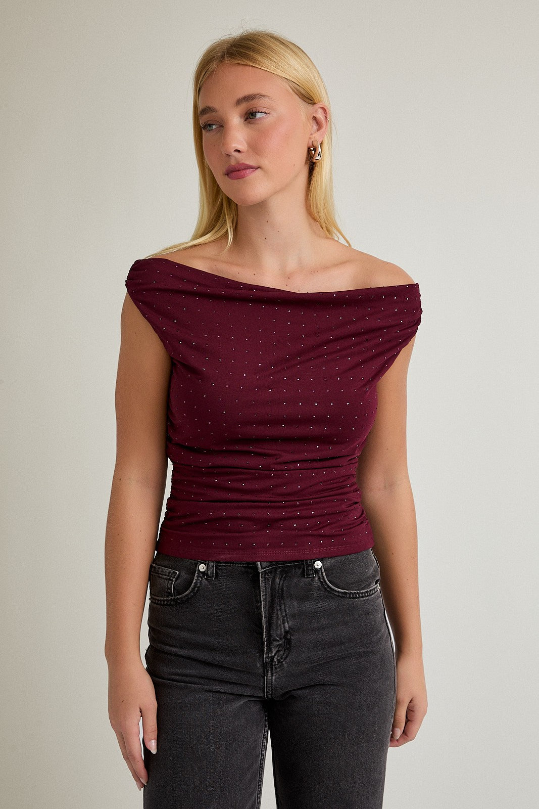 DOORBUSTER: Off The Shoulder Top With Rhinestones