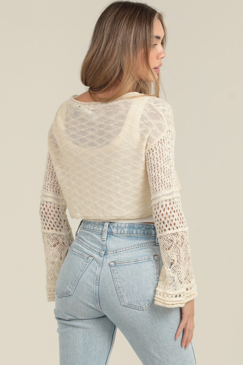 Flare Sleeve Tie Front Crop Cardigan Sweater