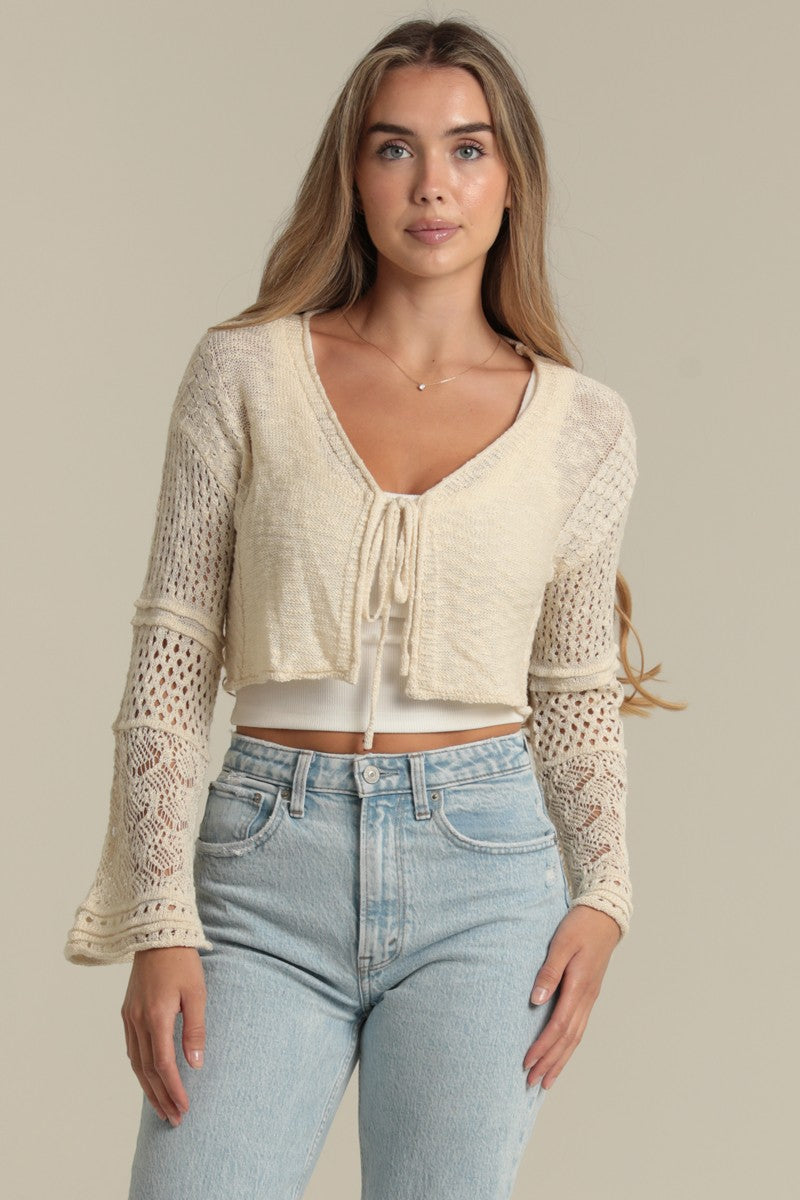 Flare Sleeve Tie Front Crop Cardigan Sweater