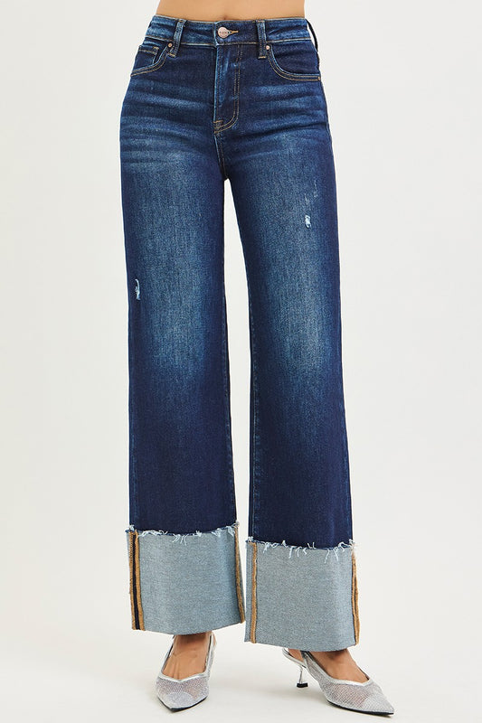 Risen Jeans: (36 3/4" Inseam before cuffing) High Rise Ankle Wide Cuffed Jeans