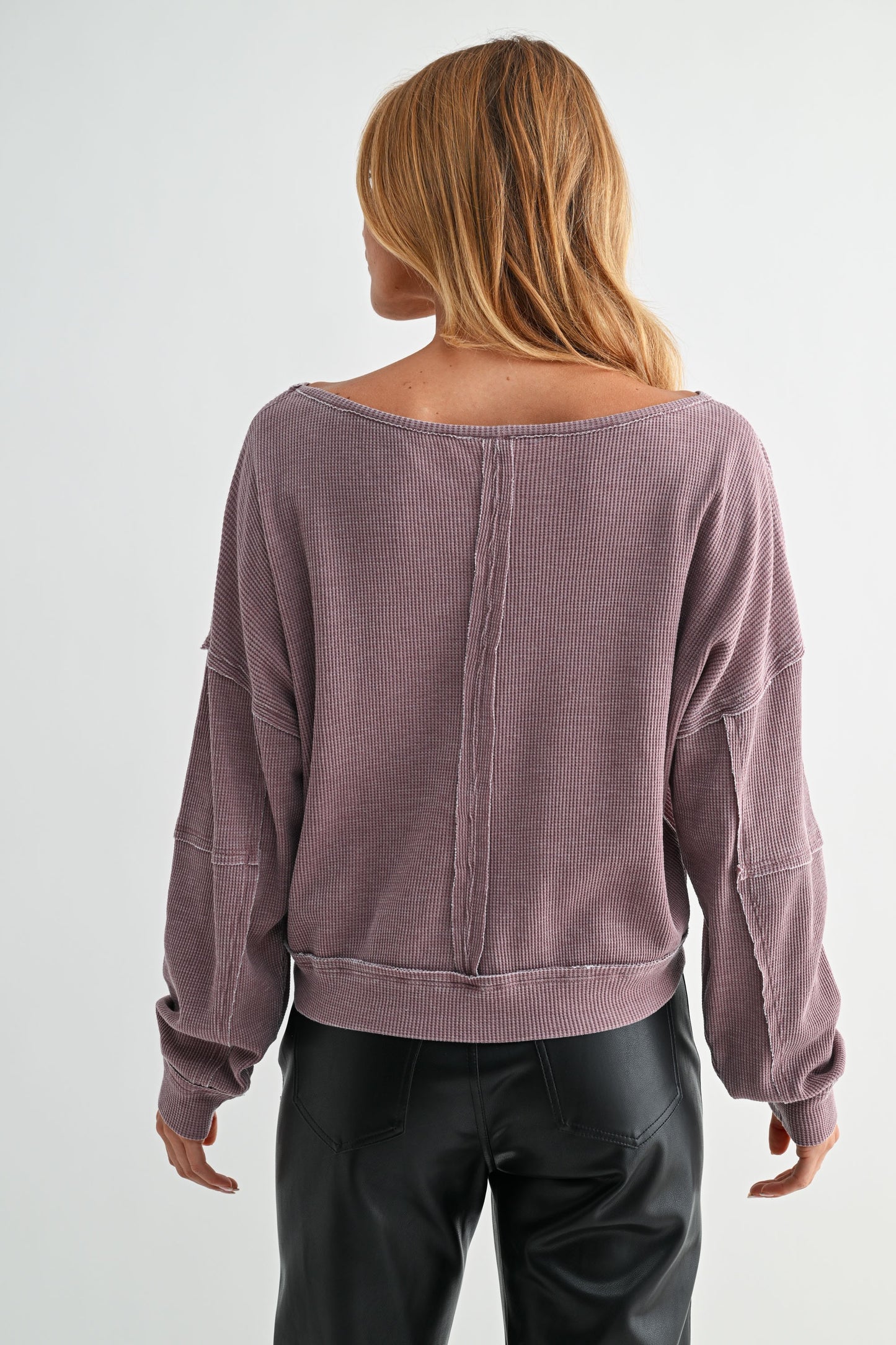 Raw Edge Waffle Knit Boatneck Pullover