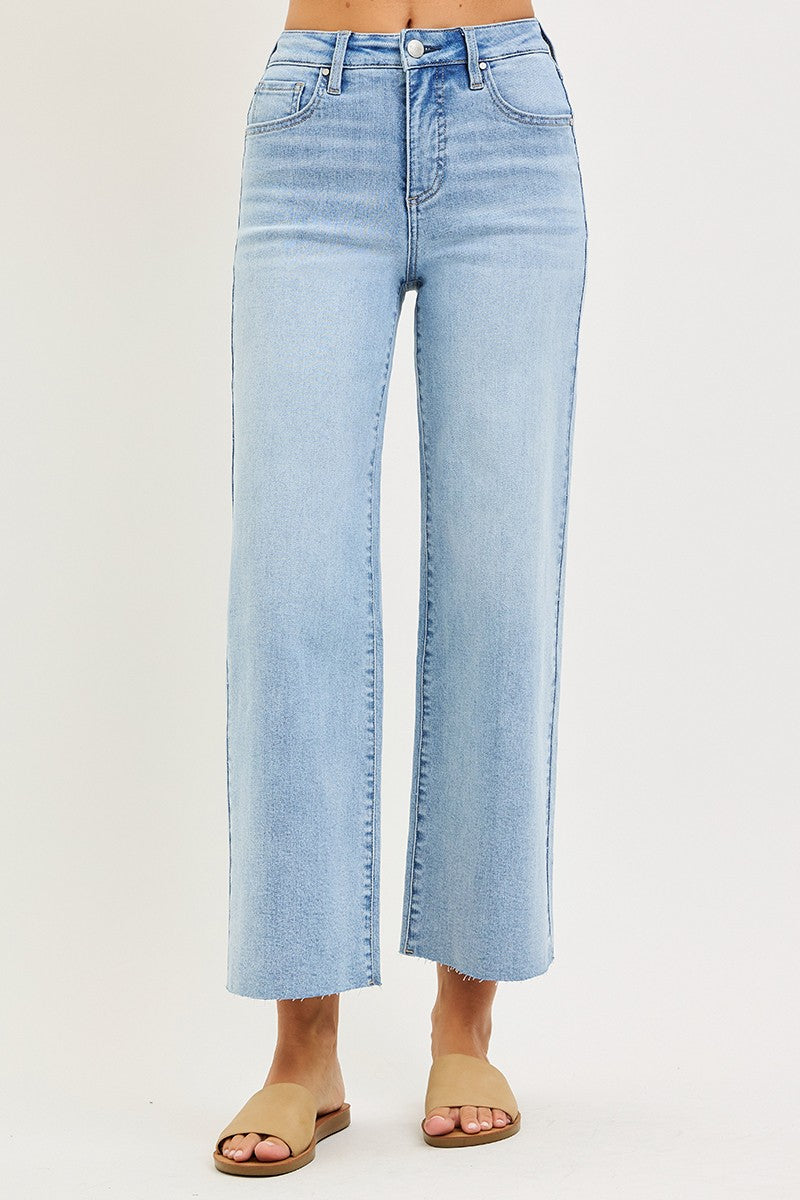 Risen Jeans: 27.5" Inseam Tummy Control High Rise Crop Wide Leg Jeans
