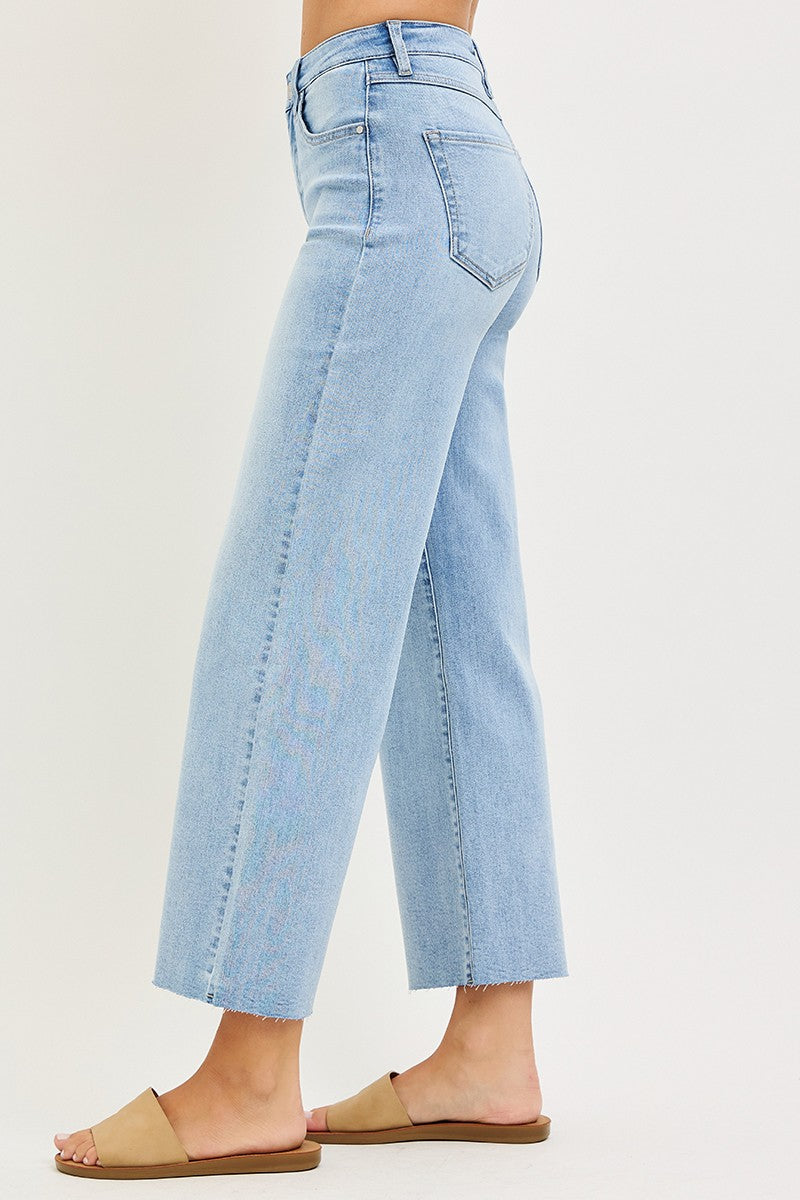 Risen Jeans: 27.5" Inseam Tummy Control High Rise Crop Wide Leg Jeans