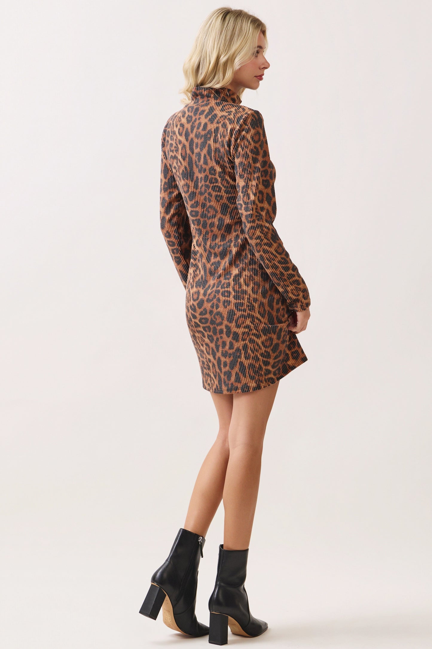 Leopard Ribbed Knit Half Zip Dress