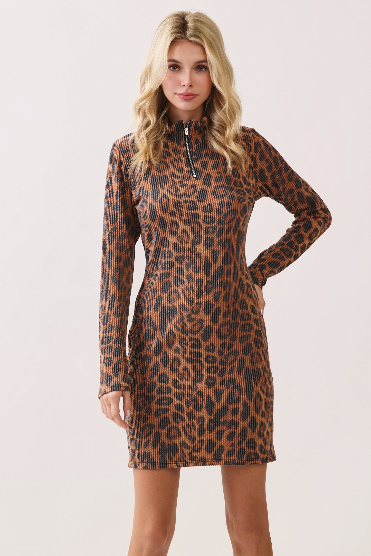 Leopard Ribbed Knit Half Zip Dress