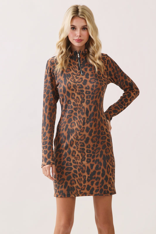 Leopard Ribbed Knit Half Zip Dress
