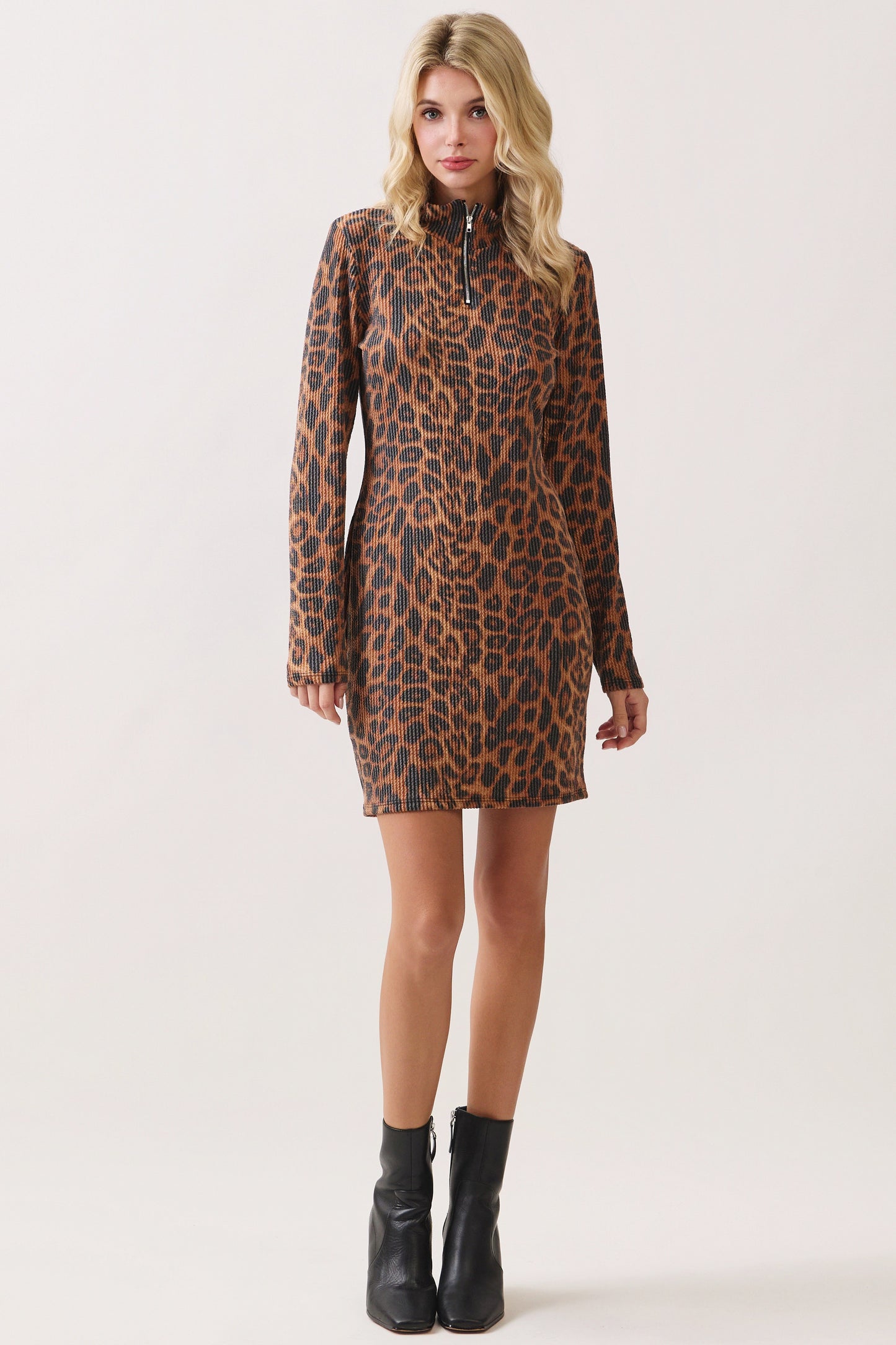 Leopard Ribbed Knit Half Zip Dress