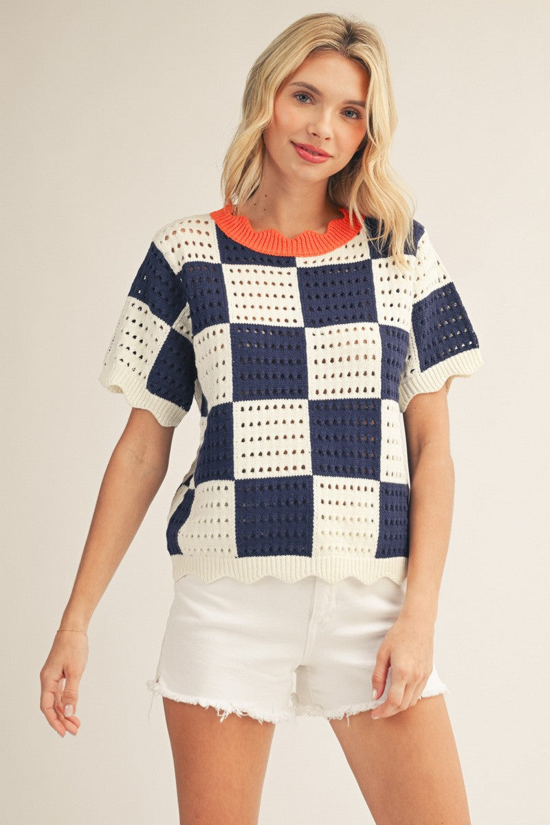 Scallop Edge Check Knit Sweater