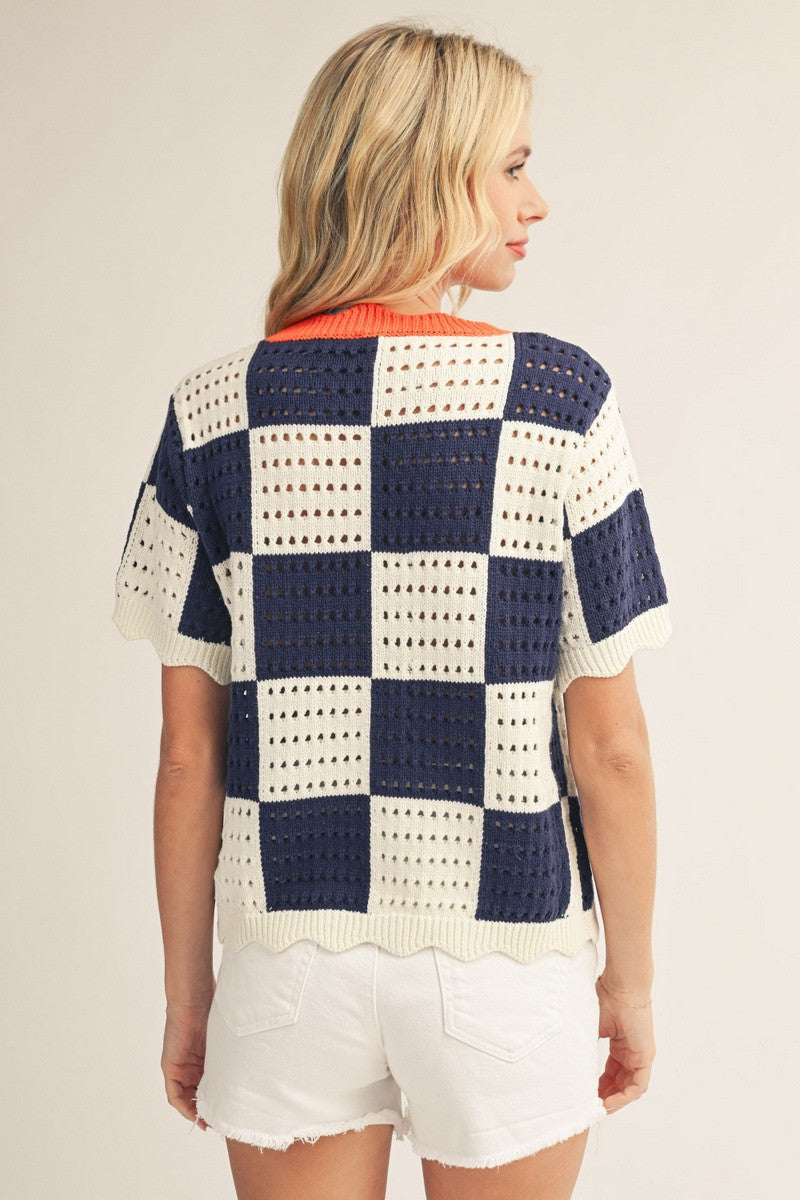 Scallop Edge Check Knit Sweater