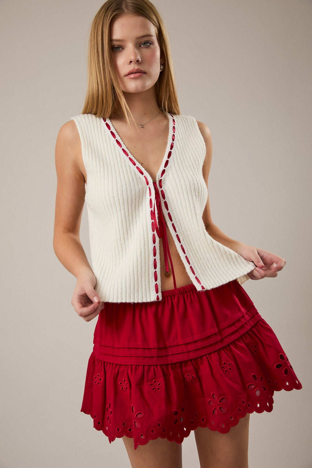 Red Ribbon Knit Tank Vest