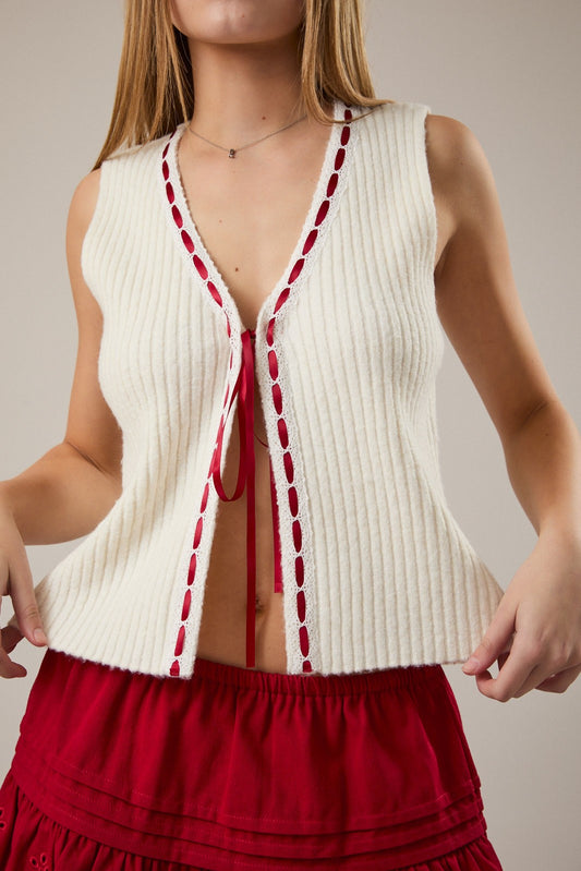 Red Ribbon Knit Tank Vest