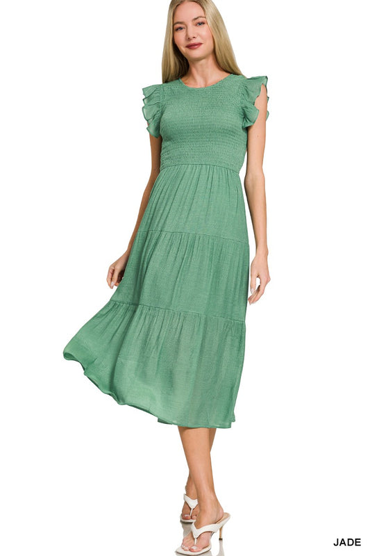 Woven Smocked Ruffle Sleeve Midi Dress