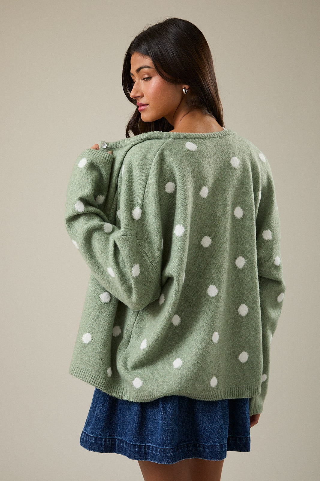 Long Sleeve Crew Neck Polka Dot Sweater Cardigan