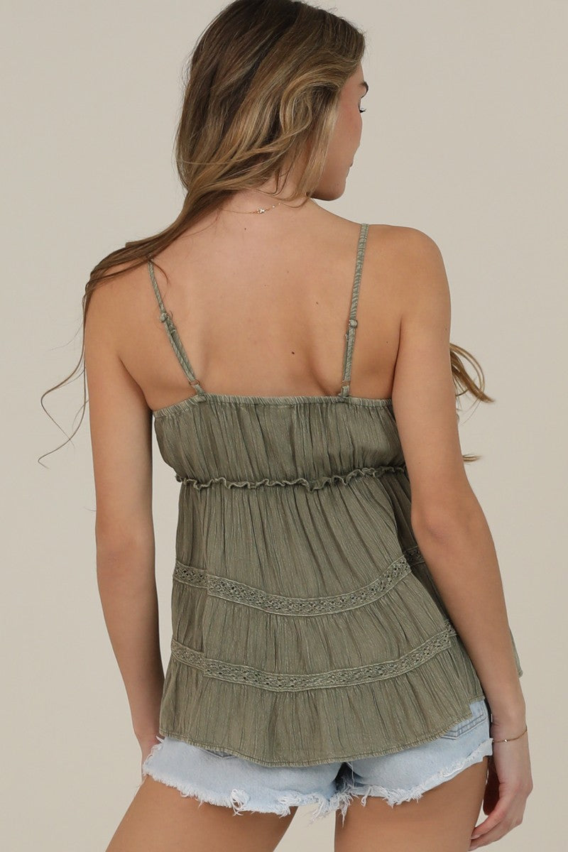 Acid Wash Lace Trim Cami Tank