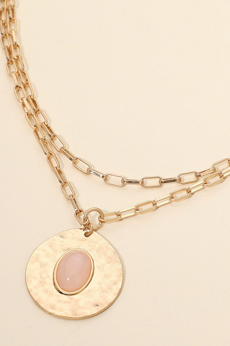 Oval Stone Center Hammered Disc Layered Necklace