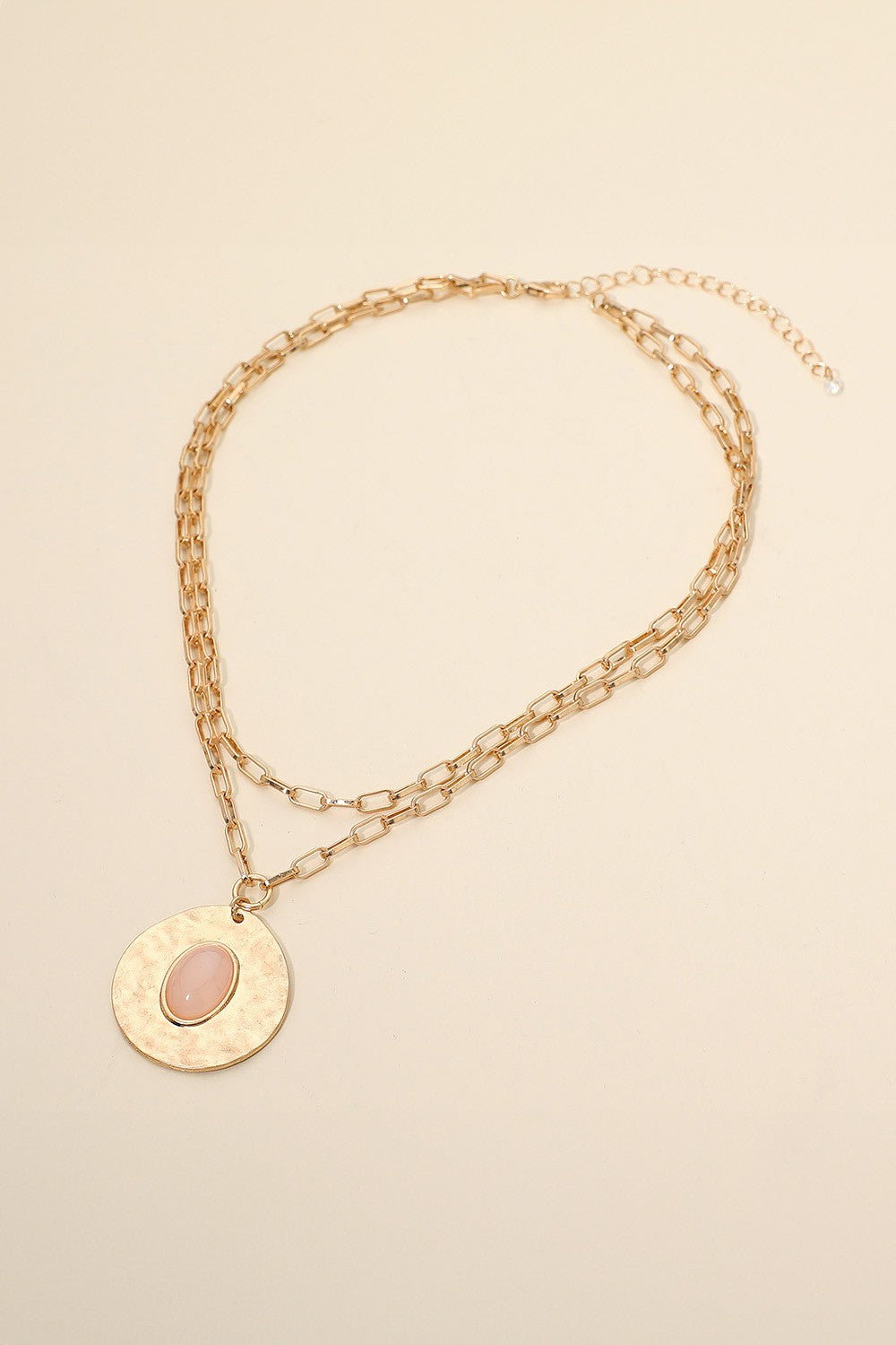 Oval Stone Center Hammered Disc Layered Necklace