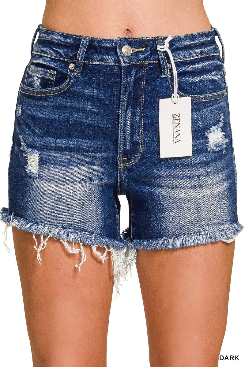 Dark Wash Distressed Raw Hem Denim Shorts