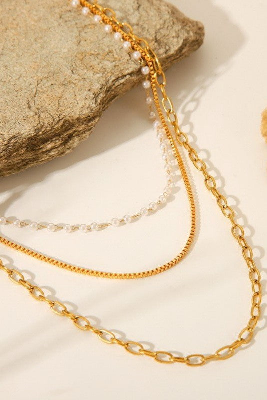 18K Gold Layered Pearl Chain Necklace