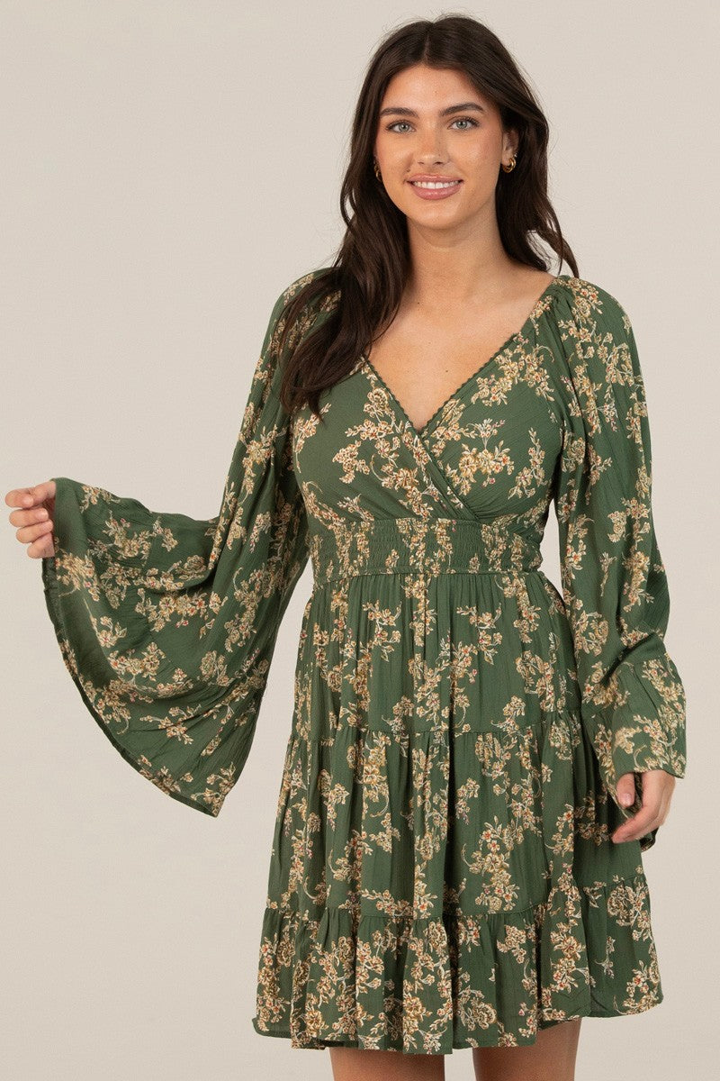 V-Neck Bell Sleeve Flare Dress