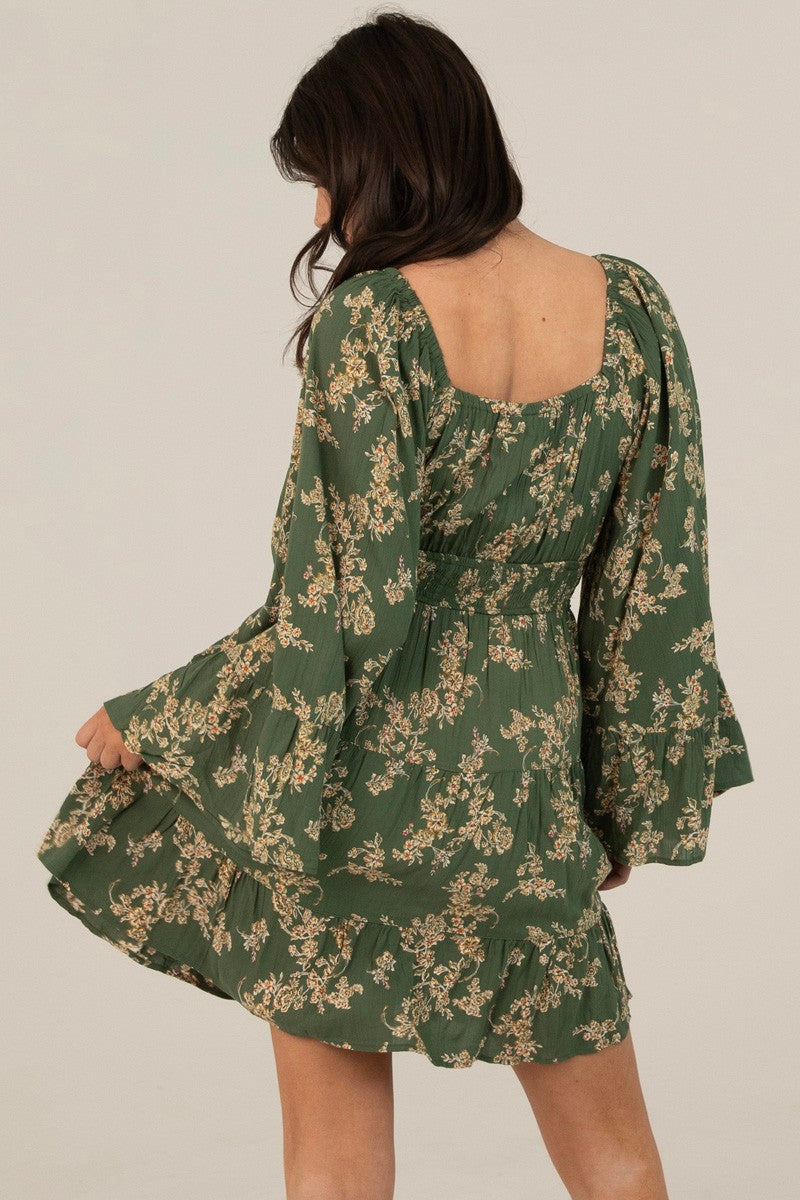 V-Neck Bell Sleeve Flare Dress