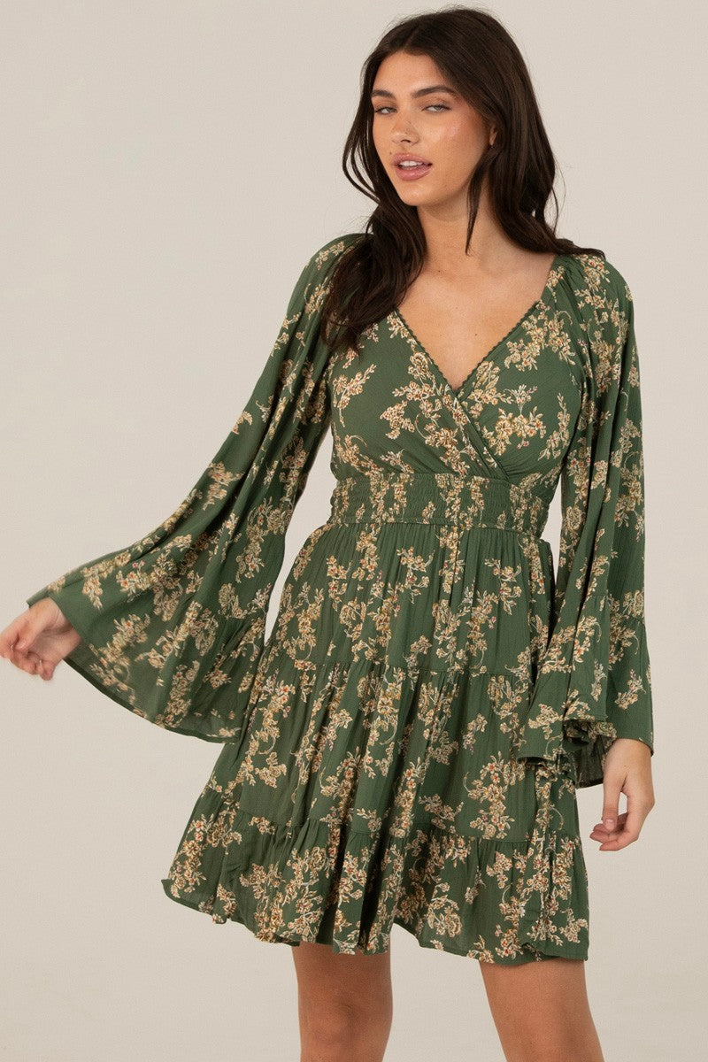 V-Neck Bell Sleeve Flare Dress
