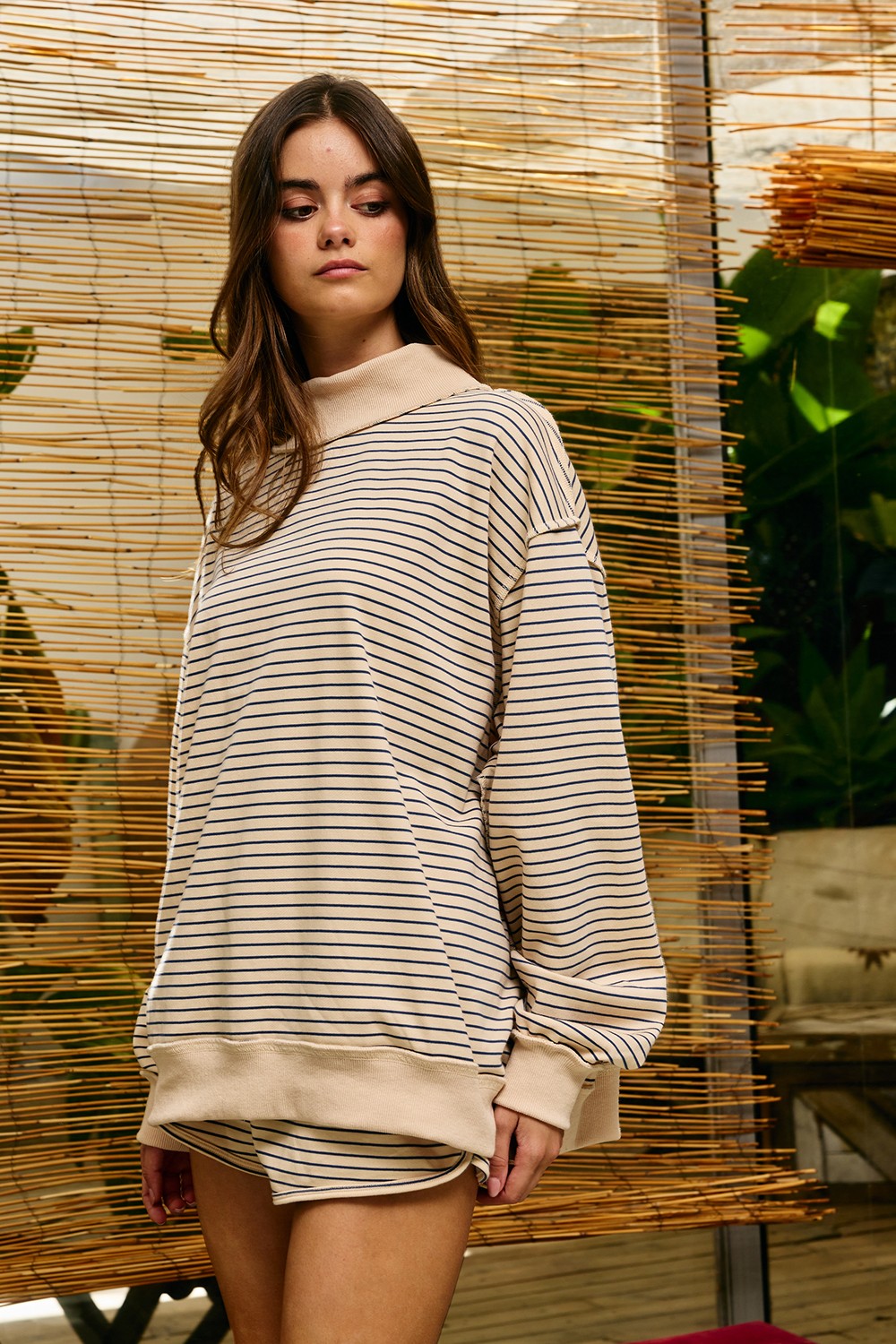 Striped Mock Neck Oversized Sweatshirt