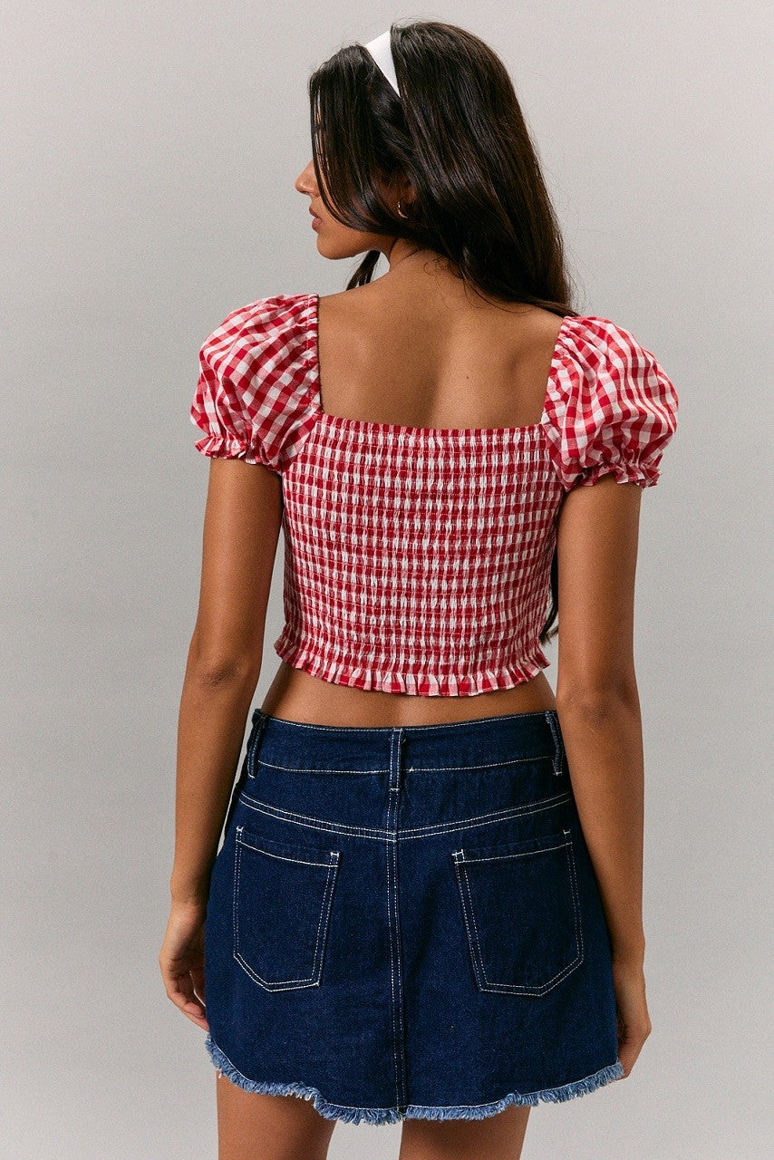 Gingham Tie Front Puff Sleeve Top
