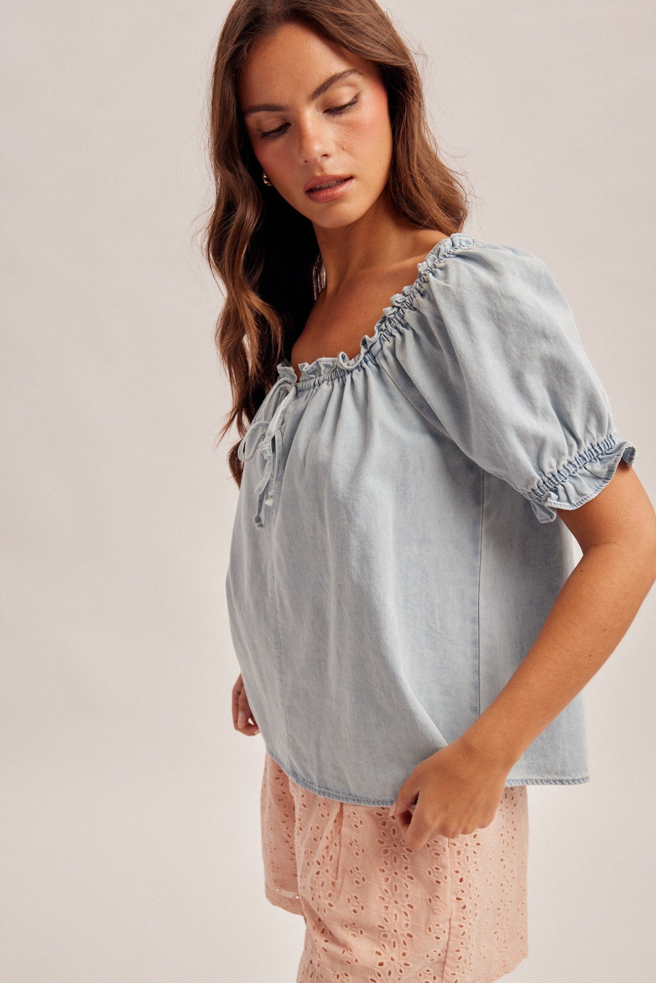Denim Ruffle Puff Sleeve Blouse
