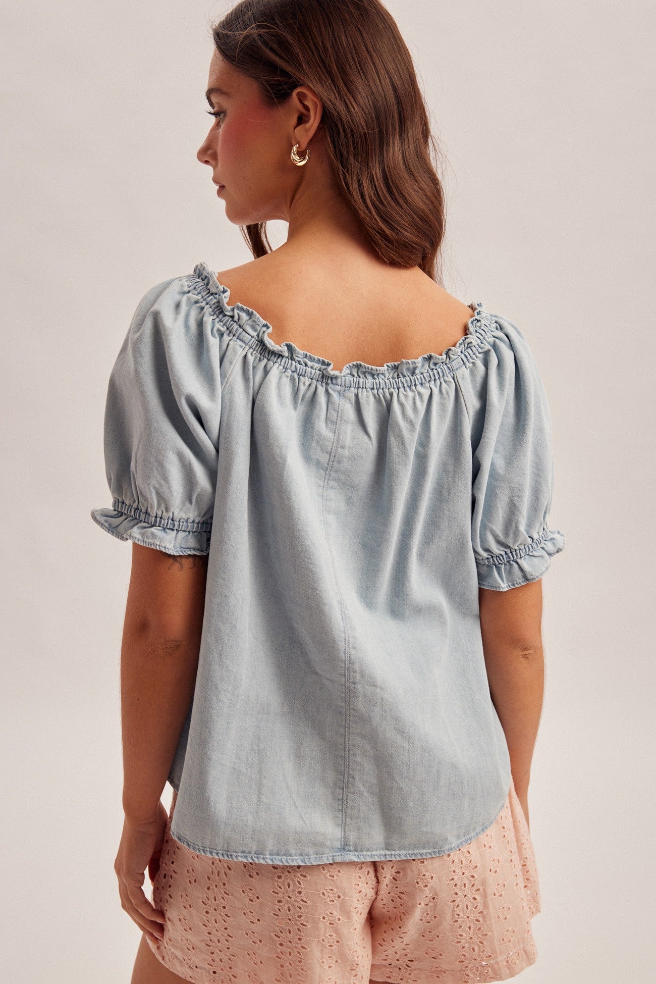 Denim Ruffle Puff Sleeve Blouse