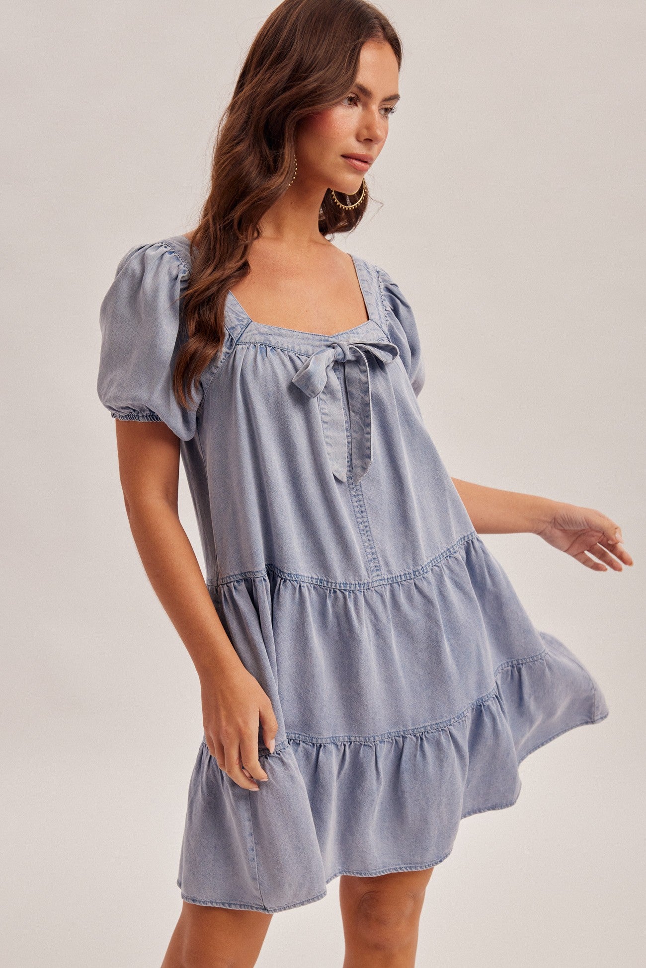 Tencel Tiered Ribbon Mini Dress