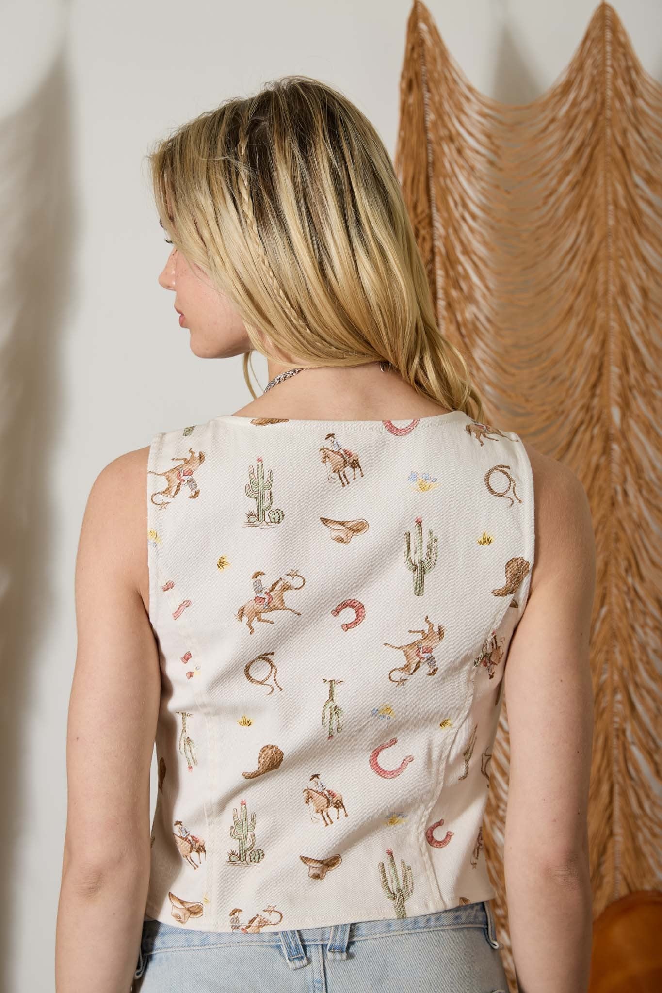 Western Denim Vest | Cowboy Print Button Front Vest Top