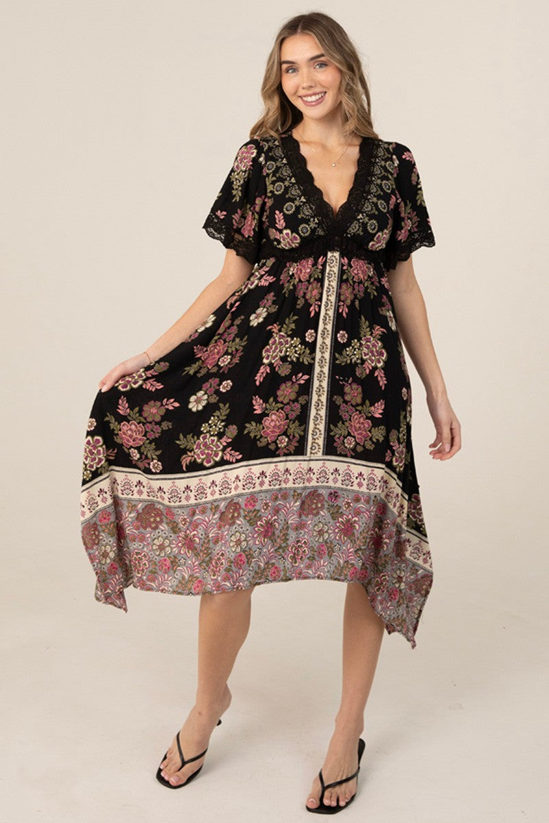 Boho Floral Lace Trim Midi Dress