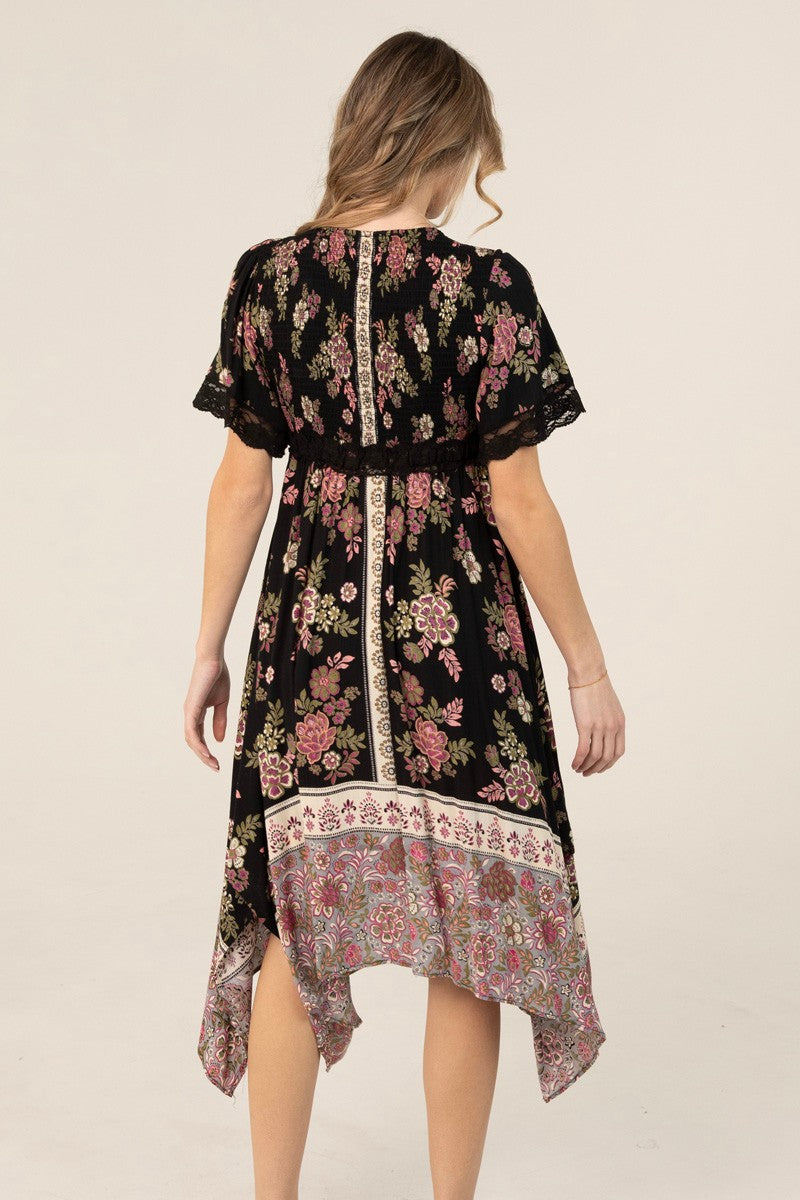 Boho Floral Lace Trim Midi Dress