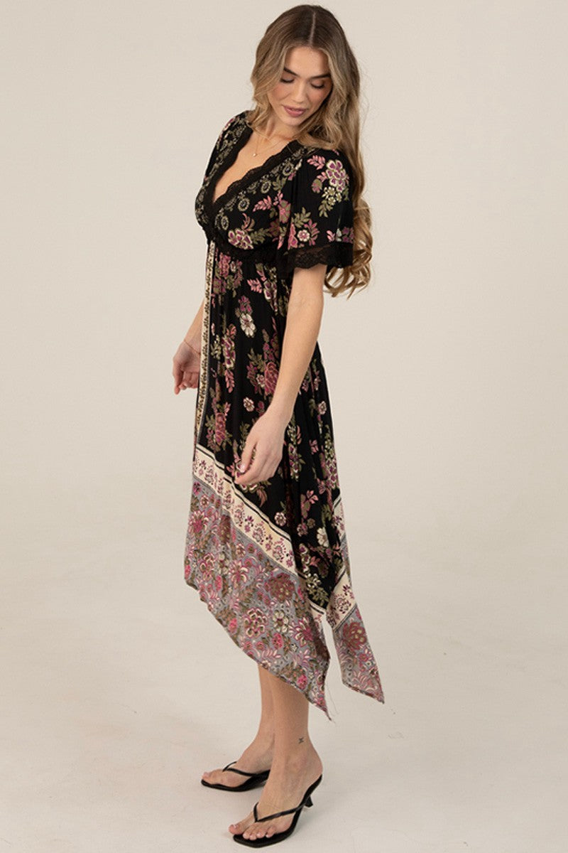 Boho Floral Lace Trim Midi Dress
