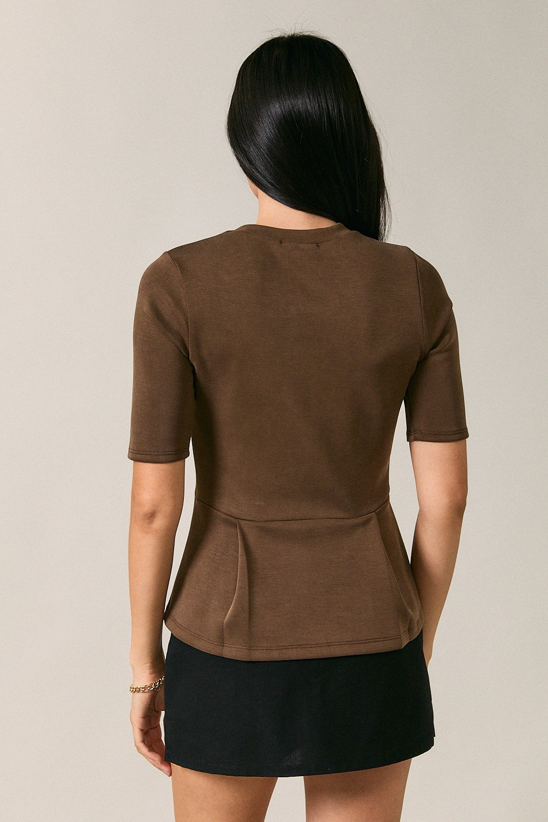 Pleated Peplum Elbow Sleeve Top