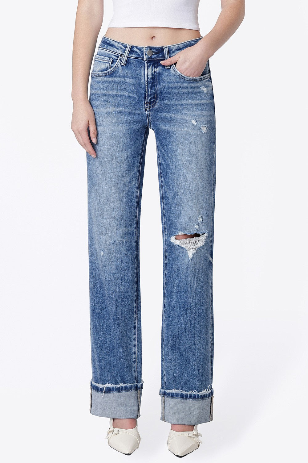 Flying Monkey High Rise Distressed Cuffed Wide Leg Jeans