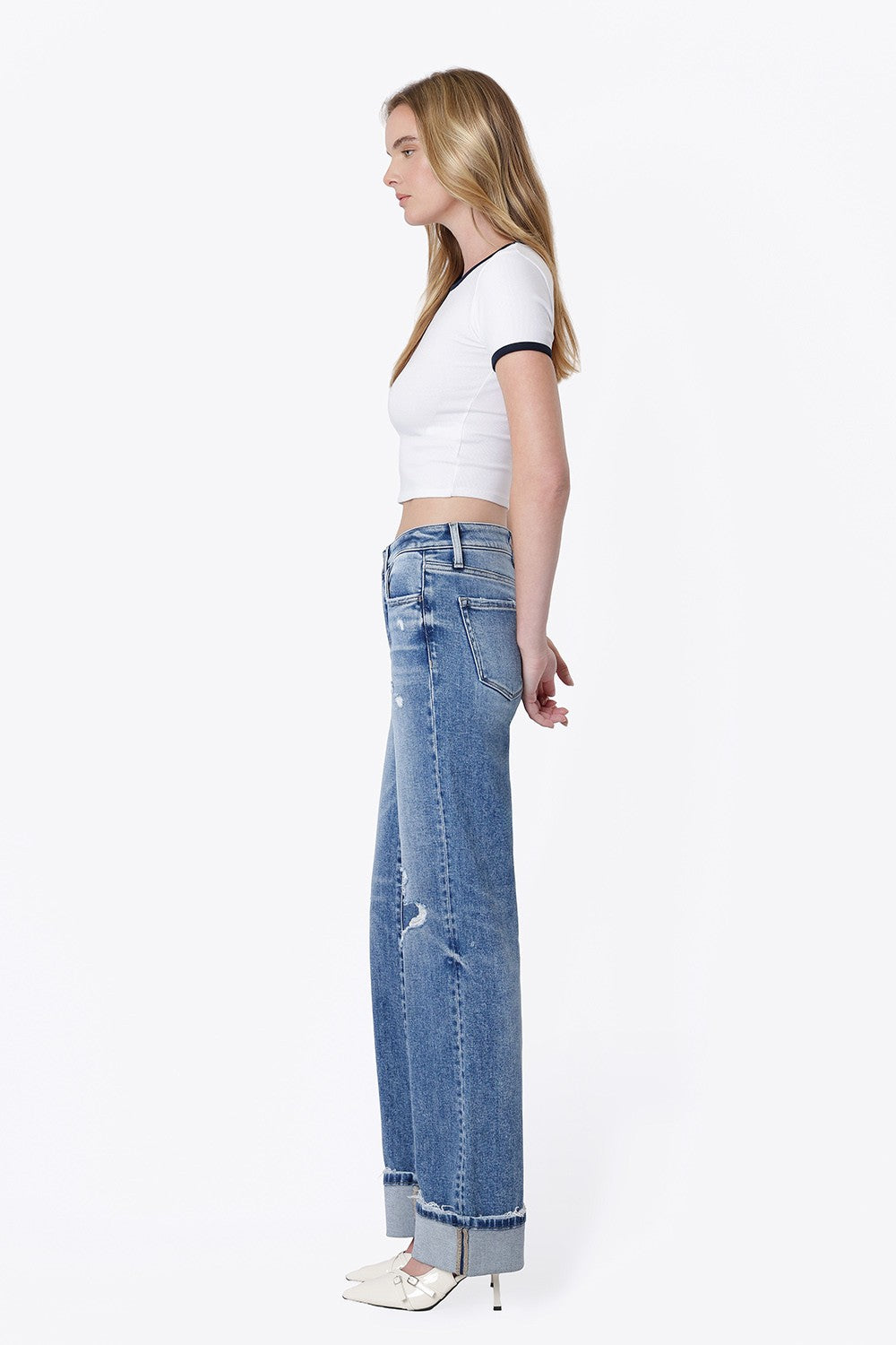 Flying Monkey High Rise Distressed Cuffed Wide Leg Jeans