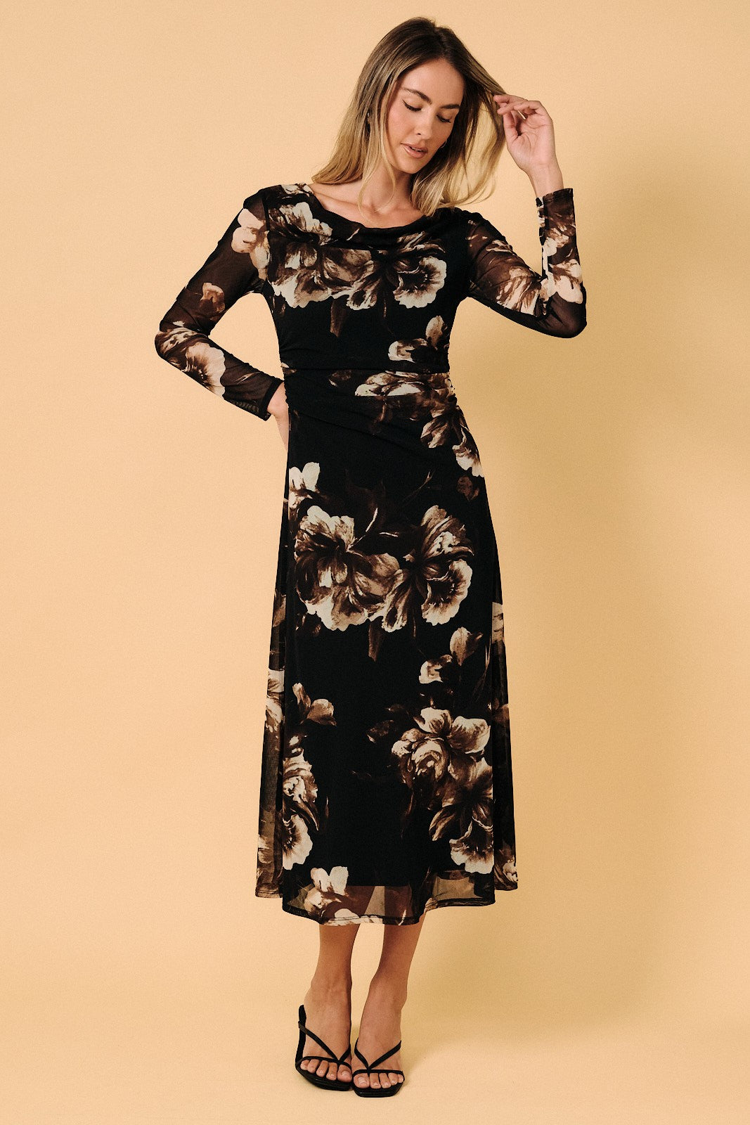 Floral Mesh Ruched Midi Dress