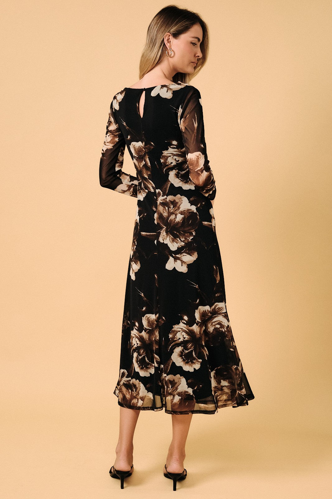 Floral Mesh Ruched Midi Dress