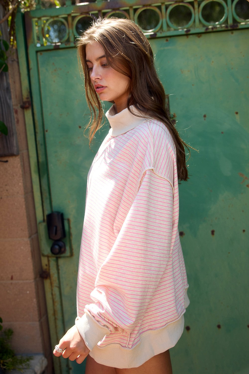 Striped Mock Neck Oversized Sweatshirt