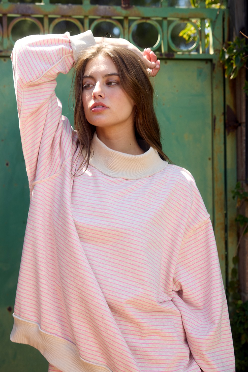 Striped Mock Neck Oversized Sweatshirt