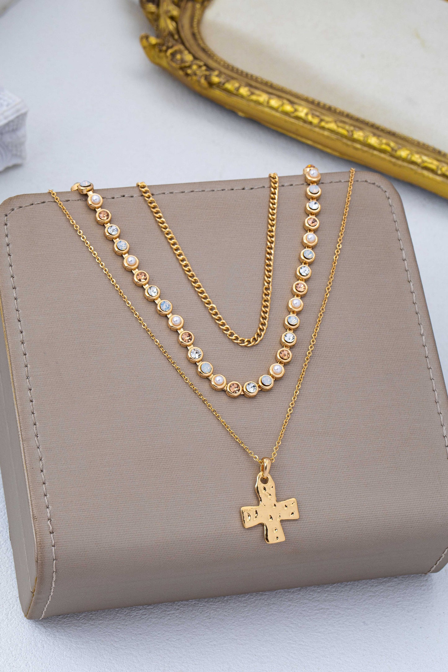 Layered Pearl Cross Necklace