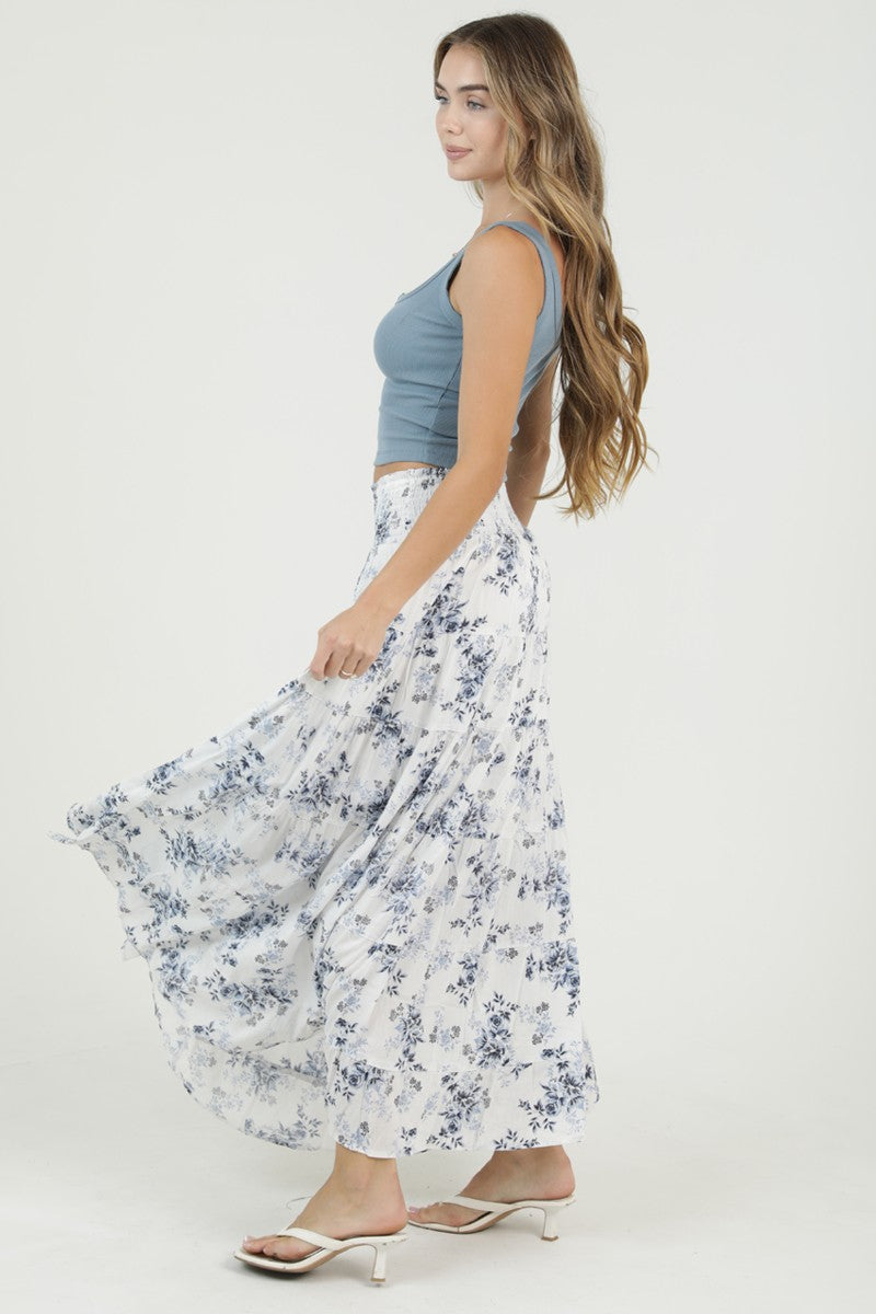 Blue Floral Tiered Maxi Skirt